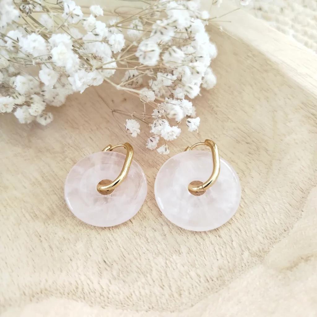 Boucles d'oreilles quartz rose & acier inoxydable