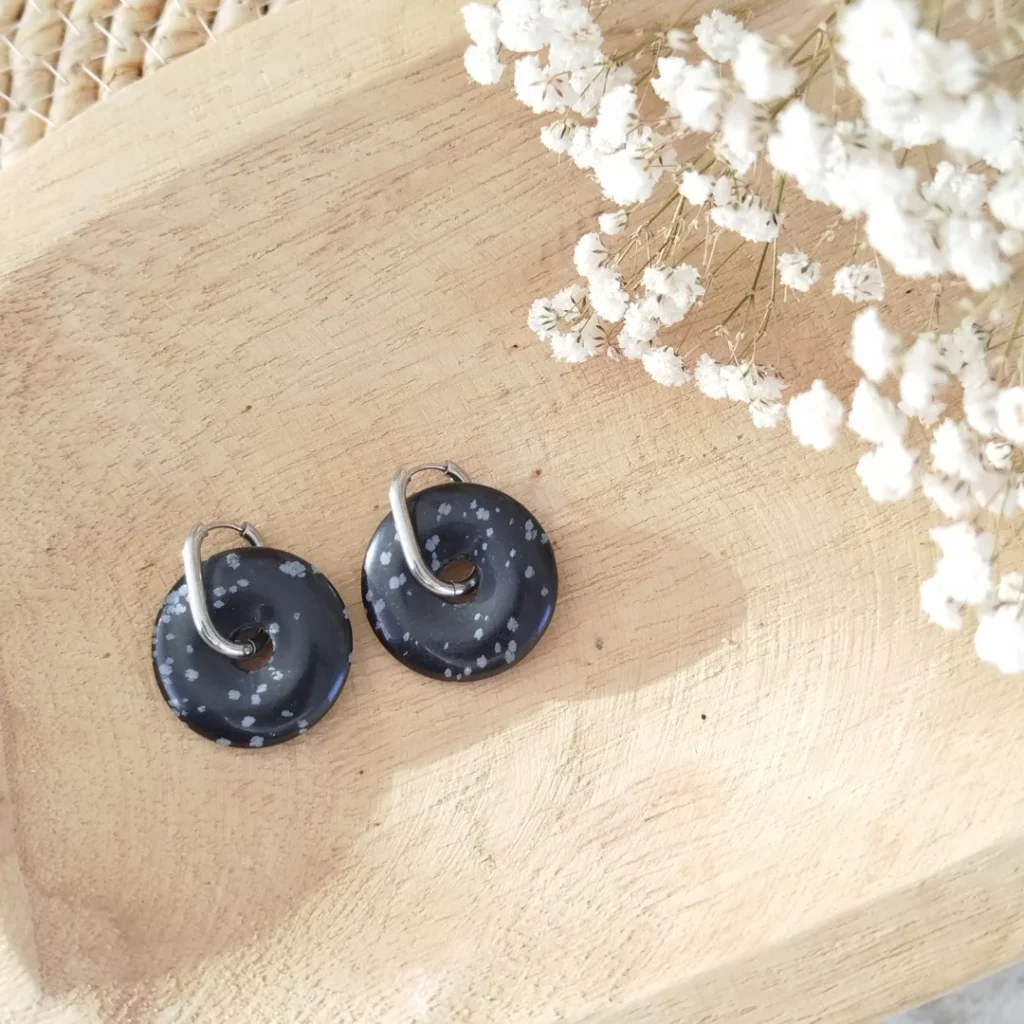 Boucles d’Oreilles Obsidienne Flocon de Neige & Acier Inoxydable