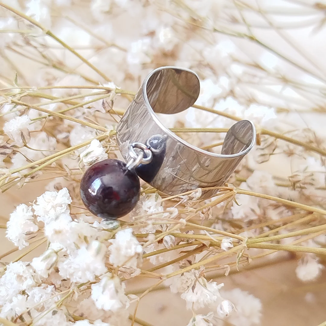Bague en Grenat Naturel & Acier Inoxydable | Énergie, & Ancrage