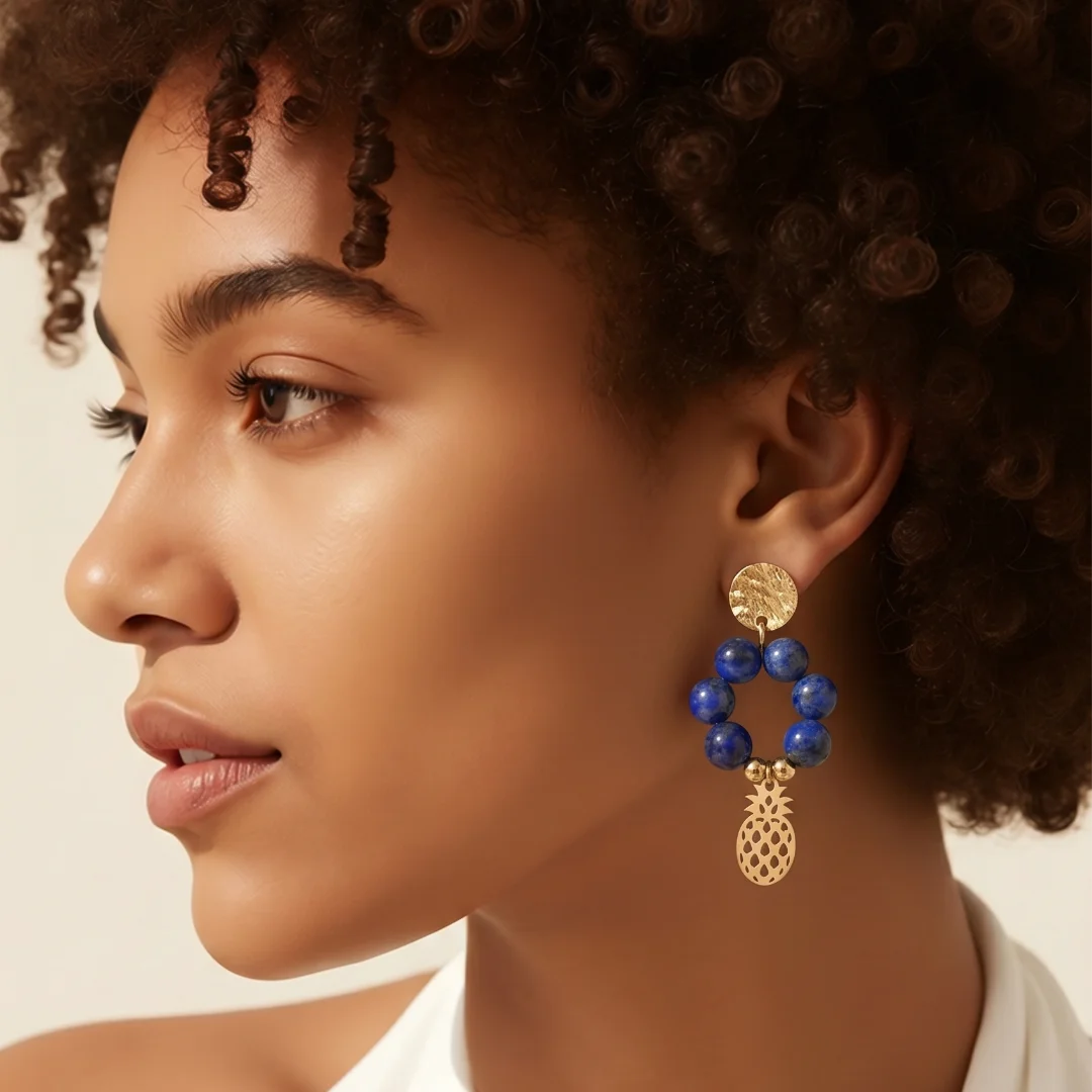Boucles d'Oreilles Lapis Lazuli & Acier Inoxydable | Bijoux Naturels Femme – Image 2