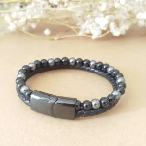 Bracelet Homme Cuir Noir Hématite Onyx | Force & Protection