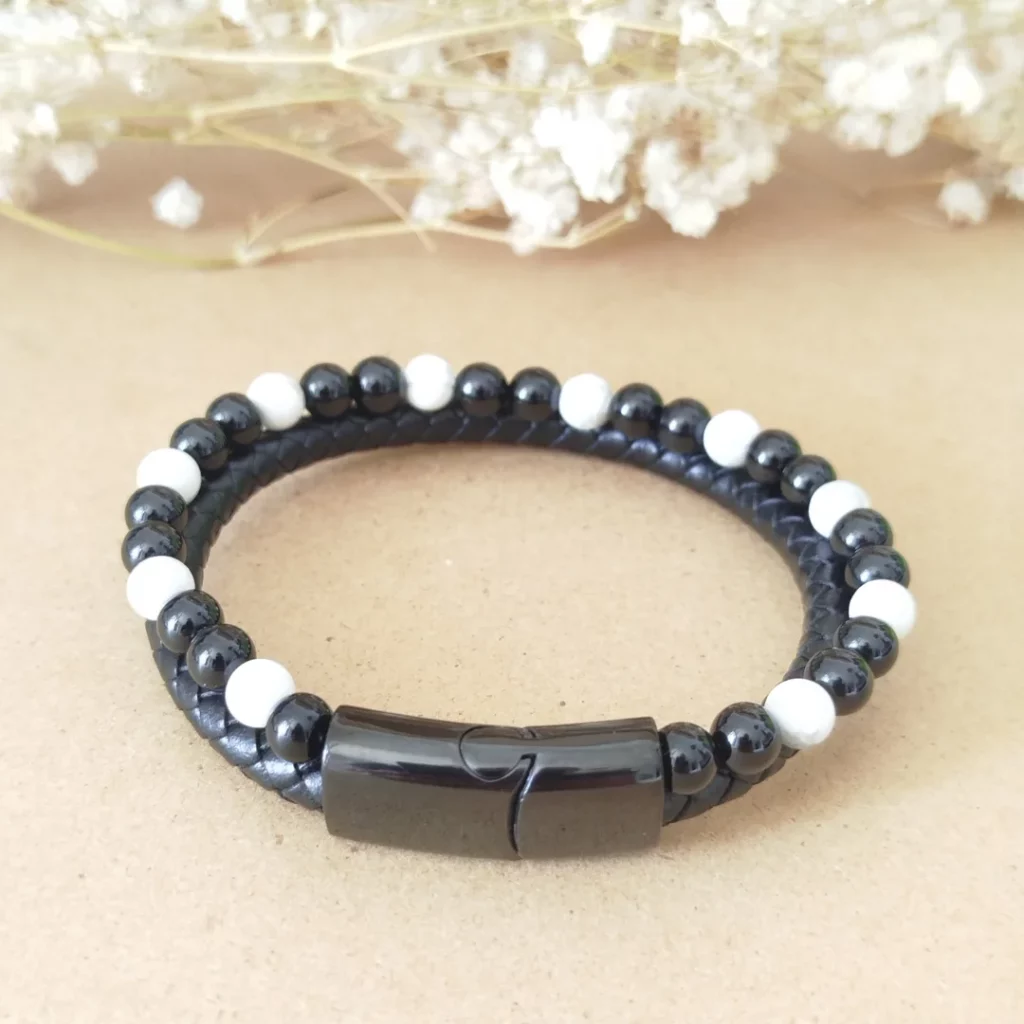 Bracelet Homme Cuir Noir Howlite Onyx – Force & Apaisement
