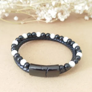 Bracelet Homme Cuir Noir Howlite Onyx – Force & Apaisement