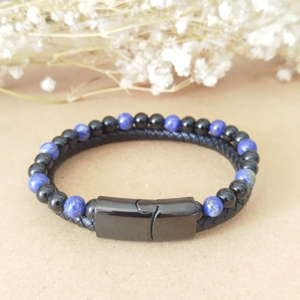 Bracelet Homme Cuir Noir – Lapis Lazuli & Onyx