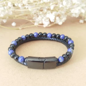 Bracelet Homme Cuir Noir – Lapis Lazuli & Onyx