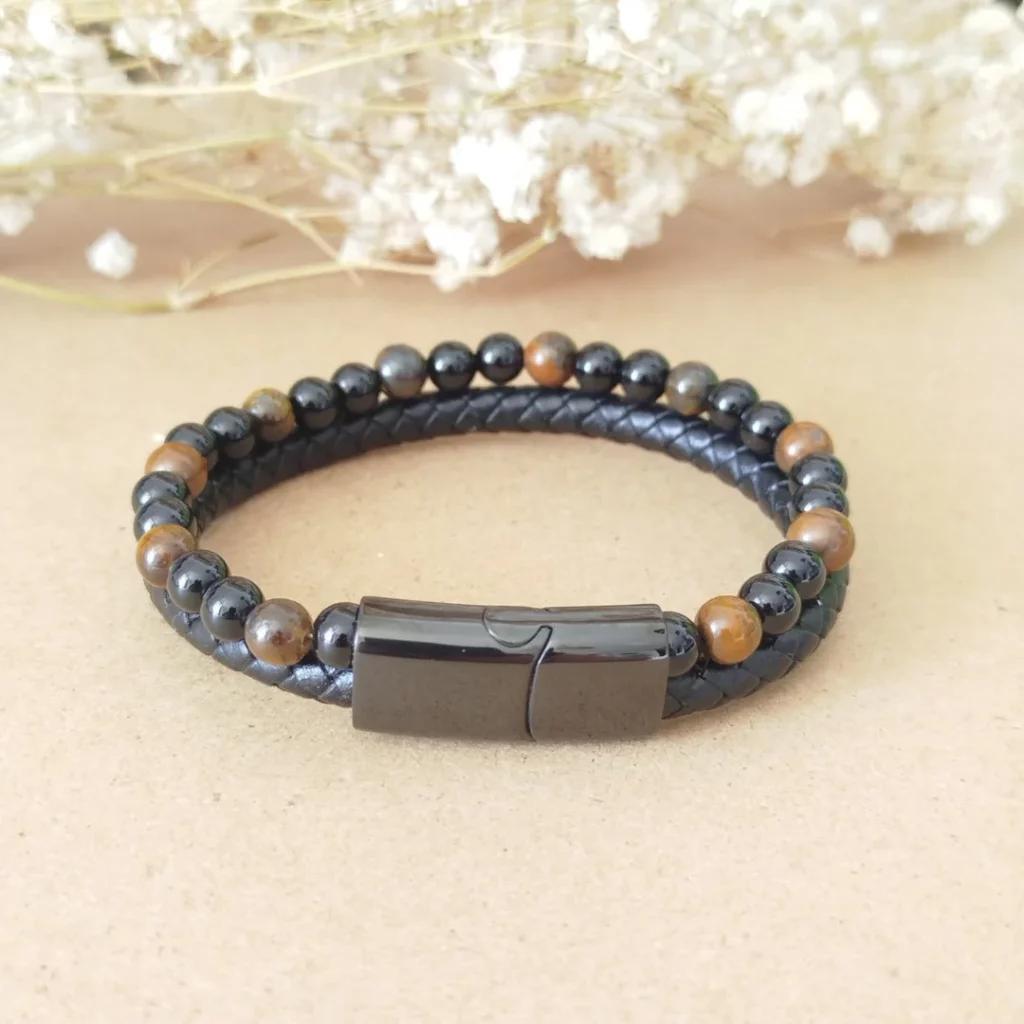Bracelet Homme Cuir Noir Œil de Tigre & Onyx – Protection et Force Intérieure