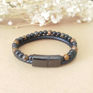 Bracelet Homme Cuir Noir Œil de Tigre & Onyx – Protection et Force Intérieure