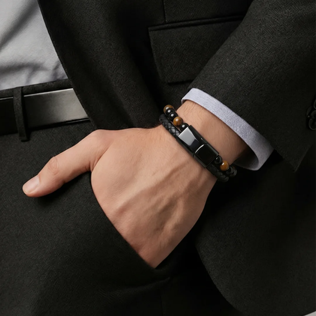 Bracelet Homme Cuir Noir Œil de Tigre & Onyx – Protection et Force Intérieure – Image 2