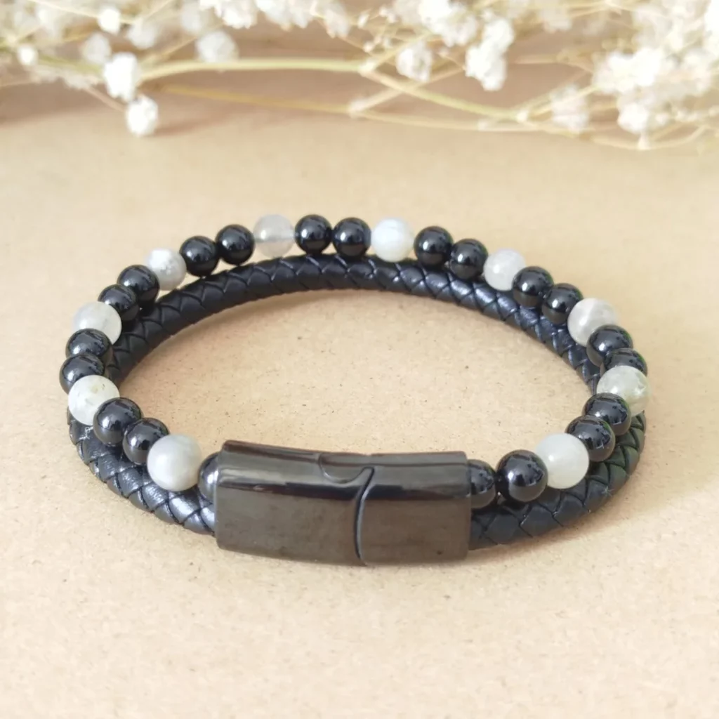 Bracelet Homme Cuir Noir – Labradorite & Onyx | Protection