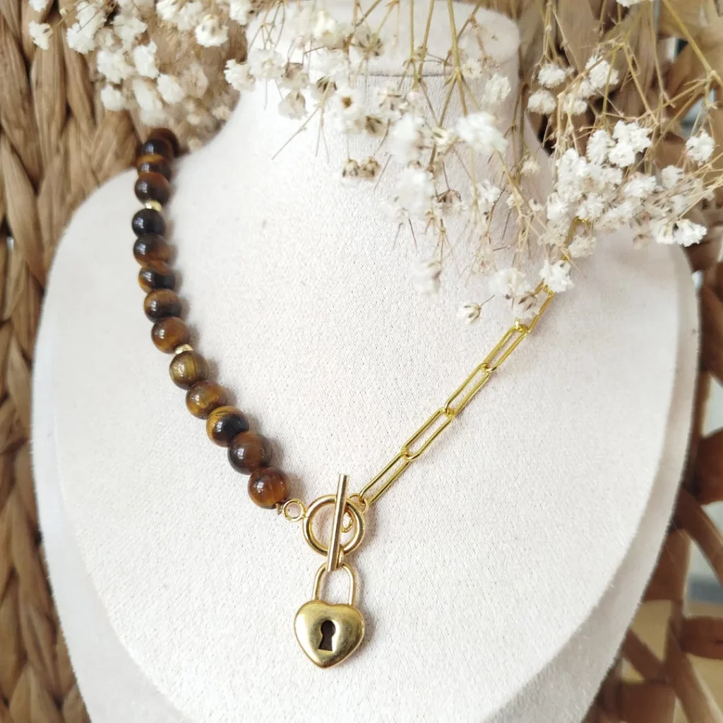 Collier Protection en Œil de Tigre & Acier Inoxydable – Force et Confiance